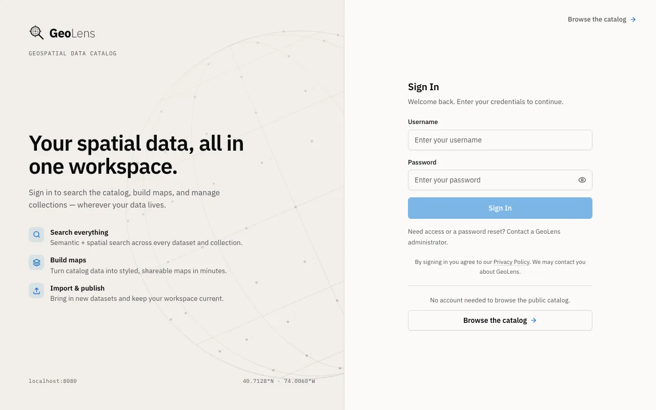 GeoLens login page at localhost:8080: a centered username and password card beside the GeoLens reticle logo and labels for Save searches, Build maps, and Import data