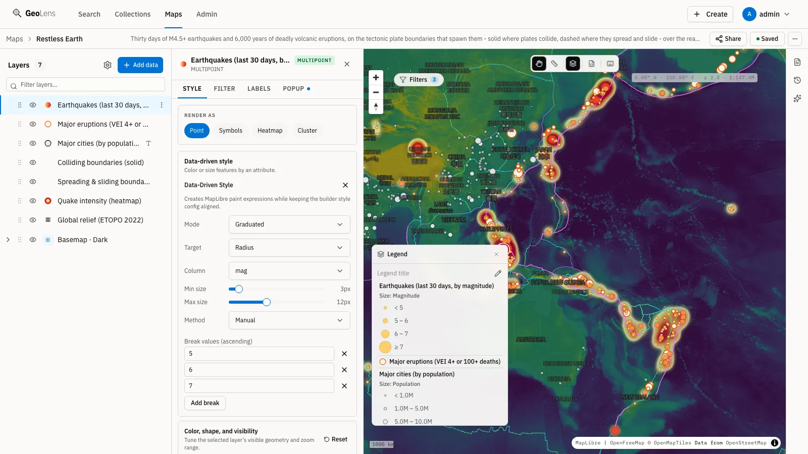 The GeoLens map builder: the multi-layer Restless Earth map (earthquakes, volcanic eruptions, tectonic plate boundaries, and a quake-intensity heatmap over global relief) with the layer stack on the left and the earthquake style editor open